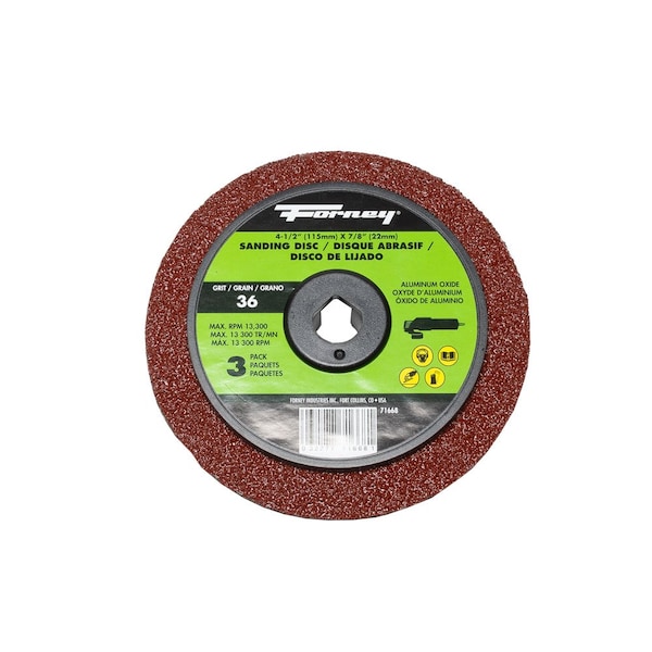 Forney Resin Fibre Sanding Disc, Aluminum Oxide, 4-1/2 in x 7/8 in Arbor, 36 Grit 71668 - main